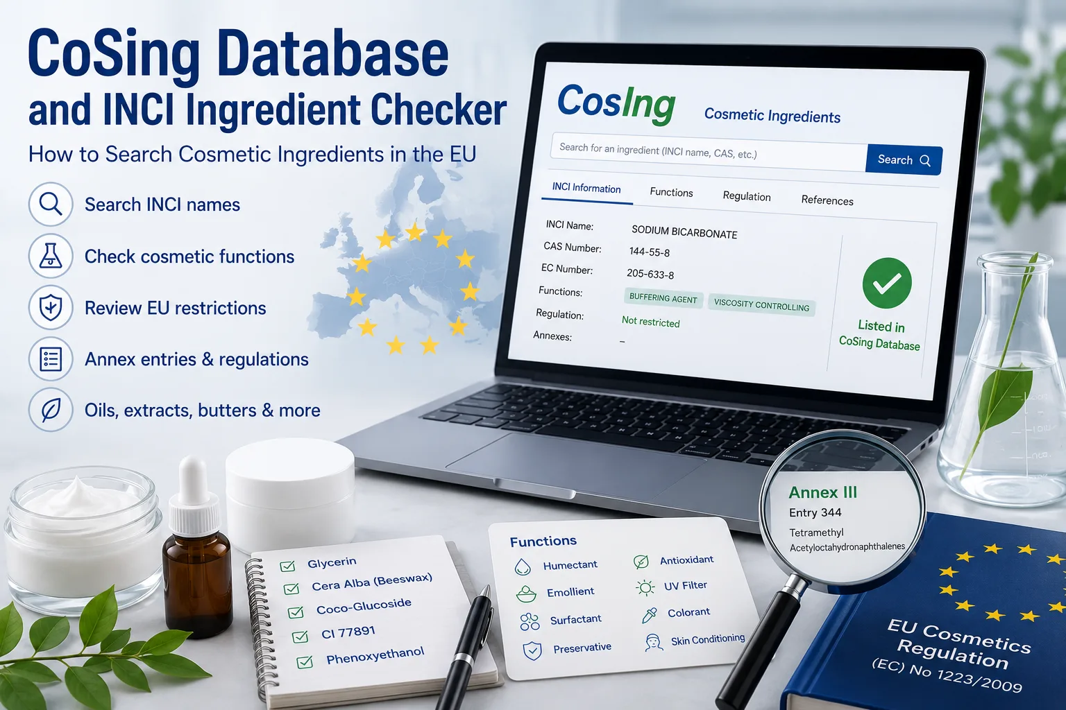 A visual guide to using the CoSing database and INCI ingredient checker to search cosmetic ingredients, functions, EU restrictions, annex entries, colorants, preservatives and UV filters.