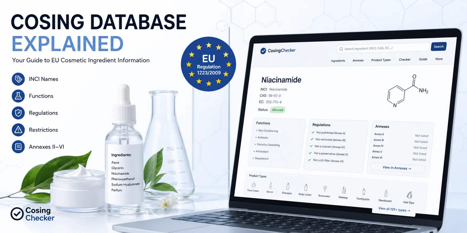 The COSING Database is the official European Commission resource for cosmetic ingredients. Learn how to search INCI names, CAS numbers, EC numbers, ingredient functions, and Annex II–VI restrictions using CosingChecker.