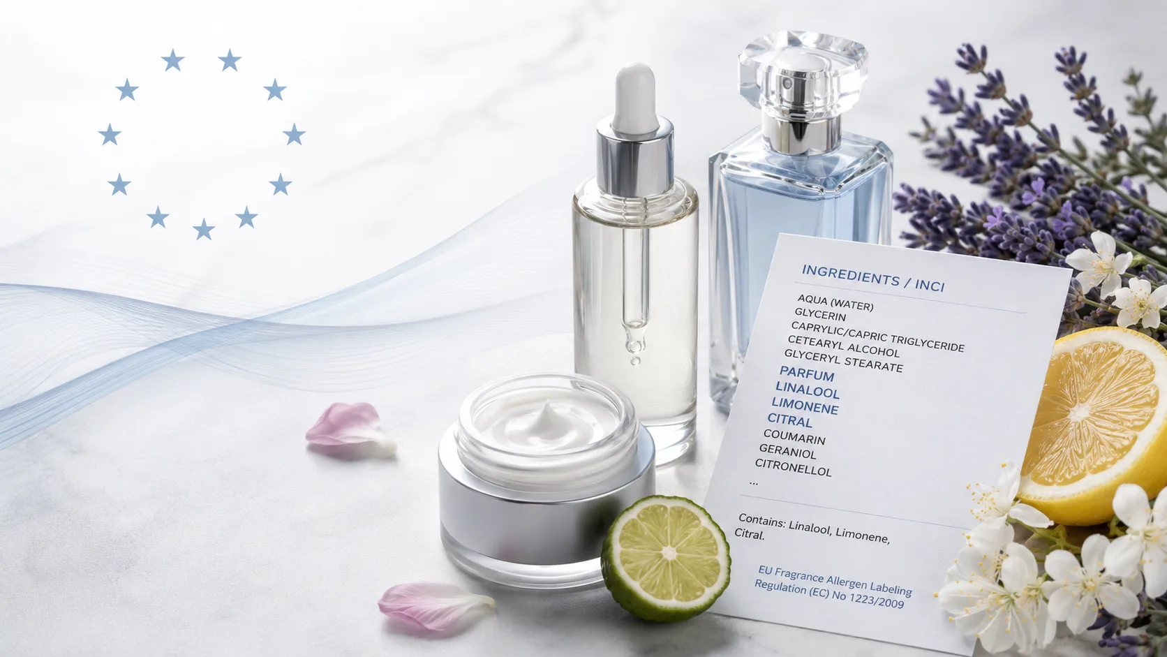EU fragrance allergen labeling in cosmetics: INCI transparency, common allergens such as linalool, limonene and citral, and the 2026 compliance deadline.