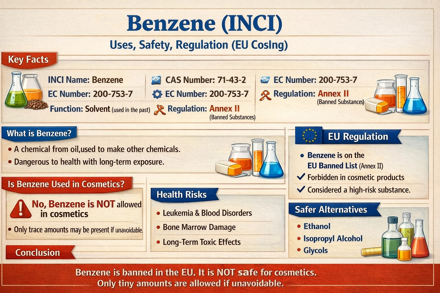 Benzene (INCI) infographic showing EU ban in cosmetics, health risks like cancer and leukemia, key facts (CAS 71-43-2), and safer alternatives such as ethanol and glycols