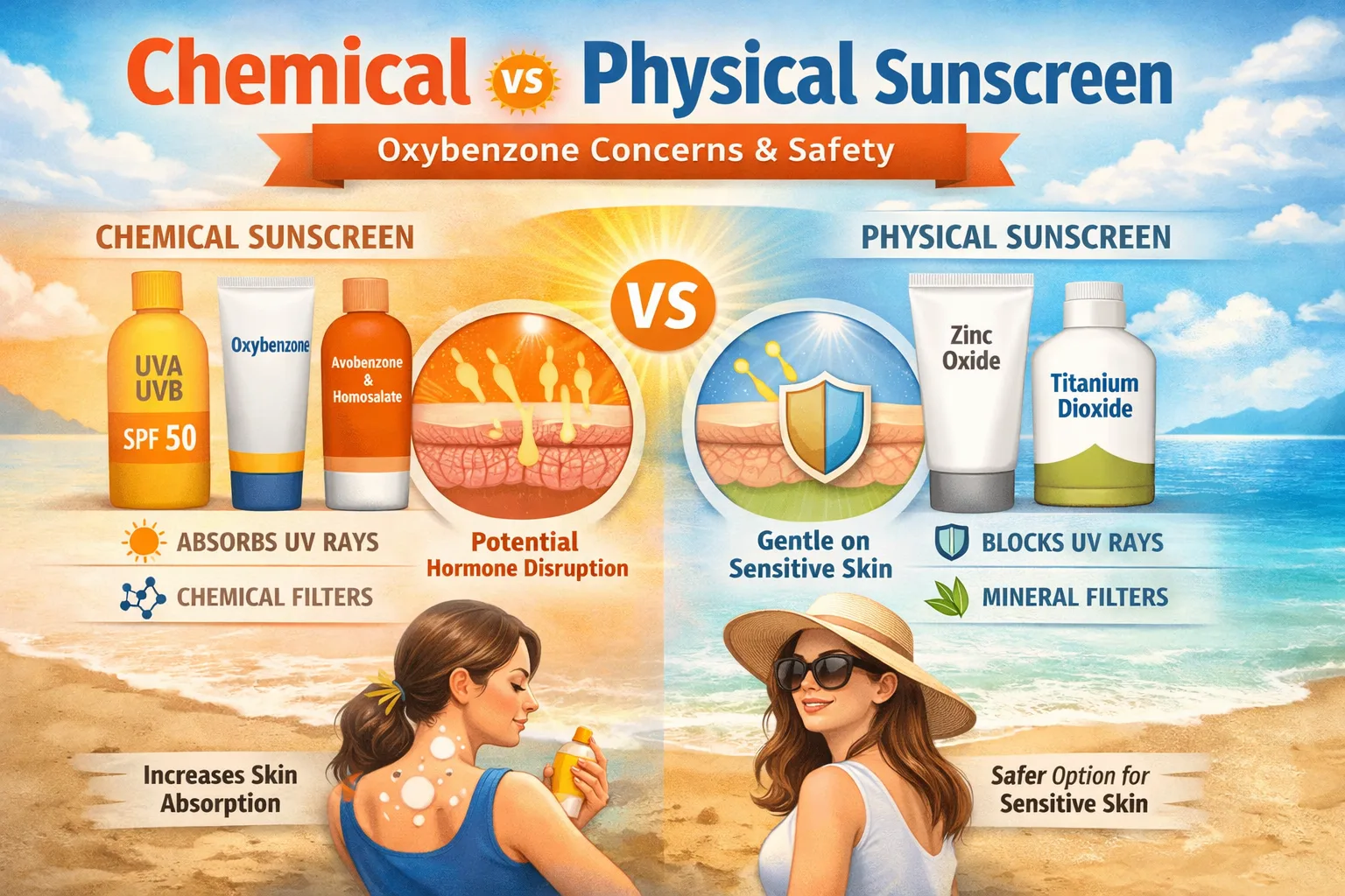 Chemical vs physical sunscreen: how different UV filters work and what to know about oxybenzone safety.